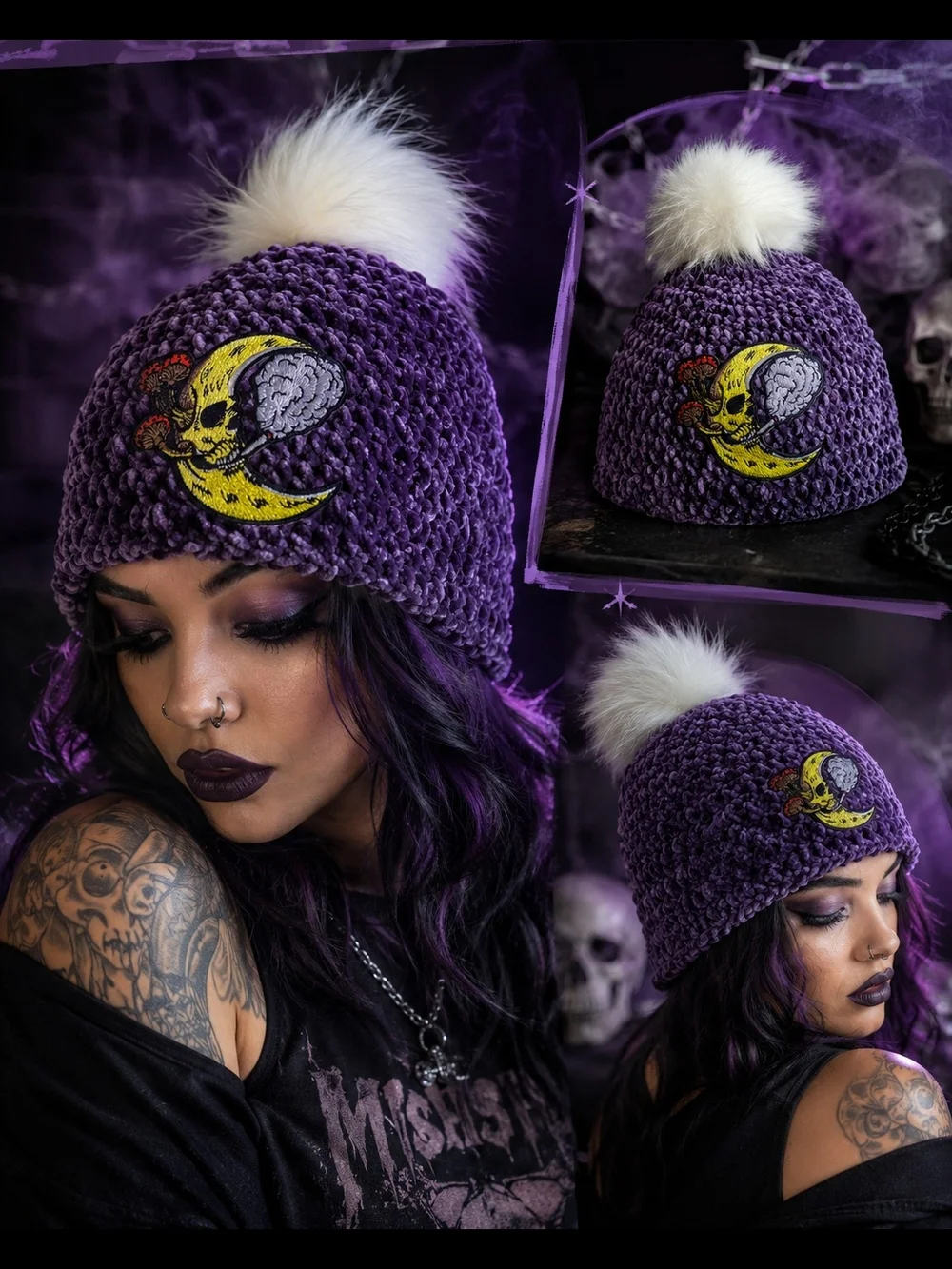 Purple Moon Skull Pom Beanie - Brand